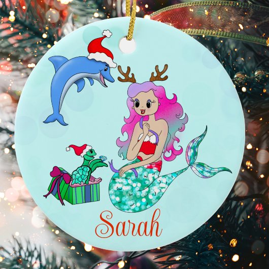 Décoration En Céramique Sirène de Noël Ouverture des cadeaux Nom