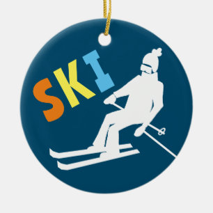 Décoration En Céramique Ski Rétro Skier Hiver Bleu Blanc