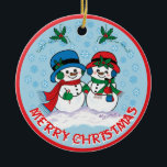 Décoration En Céramique Snowman<br><div class="desc">Personnalisez cet adorable ornement de Noël "Un des genres" ! M. & Mme Frosty Le Snowman se promène dans un "pays des merveilles hivernales enneigé" ! Design artistique original par l'artiste Kerry Miller.</div>