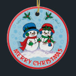Décoration En Céramique Snowman<br><div class="desc">Personnalisez cet adorable ornement de Noël "Un des genres" ! M. & Mme Frosty Le Snowman se promène dans un "pays des merveilles hivernales enneigé" ! Design artistique original par l'artiste Kerry Miller.</div>
