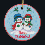 Décoration En Céramique Snowman<br><div class="desc">Personnalisez cet unique ornement de Noël "One Of A Kind" ! M. & Mme Frosty Le Snowman se promène dans un "pays des merveilles hivernales enneigé" ! Design artistique original par l'artiste Kerry Miller.</div>