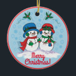 Décoration En Céramique Snowman<br><div class="desc">Personnalisez cet unique ornement de Noël "One Of A Kind" ! M. & Mme Frosty Le Snowman se promène dans un "pays des merveilles hivernales enneigé" ! Design artistique original par l'artiste Kerry Miller.</div>