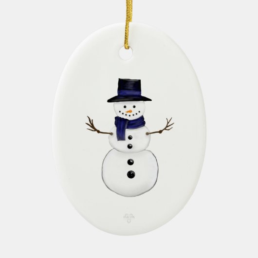 Décoration En Céramique Snowman and Blue Snowflake Ceramic Oval Ornament (Devant)