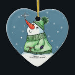 Décoration En Céramique Snowman avec Flocon de neige sur le nez<br><div class="desc">Snowman attrape un flocon de neige sur son nez ! Design original par Christie Black de Creations from the Heart.</div>