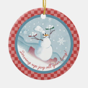 Décoration En Céramique Snowman chef serving snowballs Christmas ornament
