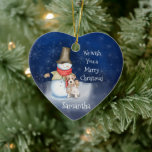 Décoration En Céramique Snowman et terrier<br><div class="desc">Un bonhomme de neige doux et un chien de terrier vous souhaitent un joyeux Noël lors d'une nuit enneigée.</div>