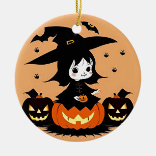 Décoration En Céramique Sorcière d'Halloween avec citrouilles