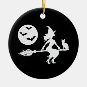 Décoration En Céramique Sorcière Sur Un Balai En Noir Et Blanc Joyeux Hall