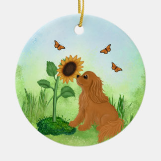 Décoration En Céramique Spaniel Cavalier King Charles Ruby avec Tournesol