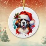 Décoration En Céramique St Bernard à Santa Hat Noël personnalisé<br><div class="desc">Si vous aimez St Bernards et que vous voulez l'ornement de Noël mignon,  alors voici vous allez! Joli style aquarelle ai art St Bernard à Santa Hat. Ajoutez votre salutation de Noël dans la zone personnalisée.</div>