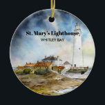 Décoration En Céramique St Mary Lighthouse Whitley Bay Newcastle upon Tyne<br><div class="desc">Based on watercolour painting by Farida Greenfield of St Mary's Lighthouse, which is on the tiny St Mary's Island, just north of Whitley Bay on the coast of North East England. The small rocky tidal island is linked to the mainland by a short concrete causeway which is submerged at high...</div>