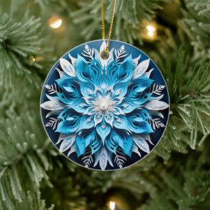 Décoration En Céramique Style 3D Bleu Fleur blanche Noël