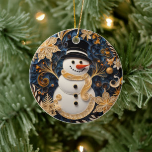 Décoration En Céramique Style 3D hiver Gold Snowman Noël