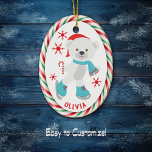 Décoration En Céramique Sucre de canne Cadre Patinage Ours polaire<br><div class="desc">Ce joli ornement de vacances fait un cadeau amusant pour un enfant, en particulier une fille, un fils, une petite-fille, ou un petit-fils, ou une nièce ou un neveu. Sur le devant, un petit ours blanc polaire porte un chapeau de Père Noël rouge, une écharpe d'hiver bleue et des patins...</div>