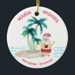 Décoration En Céramique Surf tropical Père Noël Beach Chaleureux Noël<br><div class="desc">Père Noël prend des vacances très nécessaires et vit la bonne vie, le surf et la détente sur une plage d'île tropicale. Il a ses orteils dans le sable, un verre à la main, des palmiers et une brise chaude de l'océan. L'accueil "Wicks Chaleureux" est dans une jolie couleur de...</div>