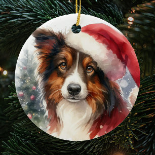 Décoration En Céramique Sweet Brown frontière Collie Santa Hat Noël