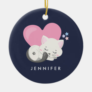 Décoration En Céramique Sweet Kitty Chat Dormir avec un grand coeur rose