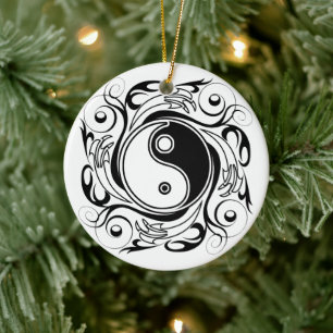 Décoration En Céramique Symbole Yin & Yang noir et blanc de style tatouage