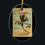 Décoration En Céramique Tampa Palm Tree Vintage voyage<br><div class="desc">Un imprimé d'art moderne Tampa Floride du milieu du siècle rétro unique dans le style d'affiche de voyage vintage. Il dispose d'un palmier incurvé sur une plage de sable avec l'océan sous un ciel bleu nuageux.</div>