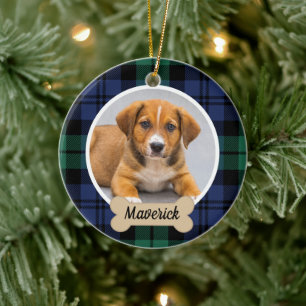 Décoration En Céramique Tartan à carreaux vert et bleu avec photo de chien