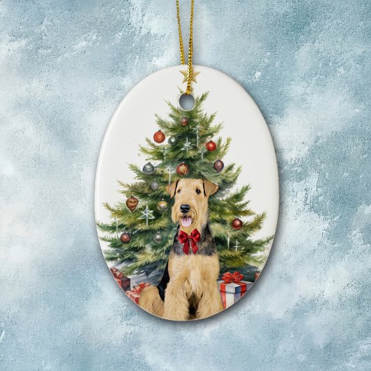 Décoration En Céramique Terrier Airedale au nœud rouge Noël