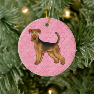 Décoration En Céramique Térrier Airedale Chien Mignon Amour Et Cœurs Sur F