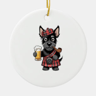 Décoration En Céramique Térrier écossais en kilt tartan avec bière et pipe