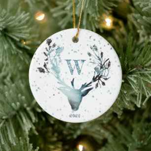Décoration En Céramique Tête de cerf d'hiver Monogramme Bleu Argent Noël C