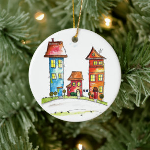 Décoration En Céramique Three Colorful Whimsical Houses