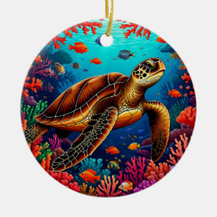 Décoration En Céramique Tortue de mer et récif de corail vibrant
