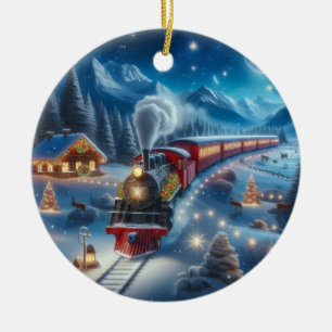 Décoration En Céramique Train de Noël Magique sous la Neige Scène d'Hiver