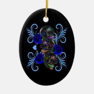 Décoration En Céramique Triple Jour Noir Des Crânes Morts Roses Bleus