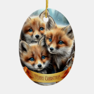 Décoration En Céramique Trois Renardeaux Mignons en Forêt