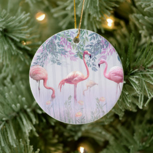Décoration En Céramique Tropcal Cute Family Pink Flamingos