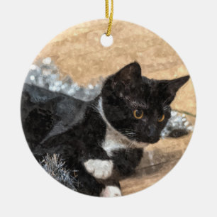Décoration En Céramique Tuxedo Kitten Tinsel et lumières peint