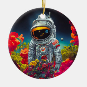 Décoration En Céramique Un astronaute coloré dans l'espace avec des fleurs
