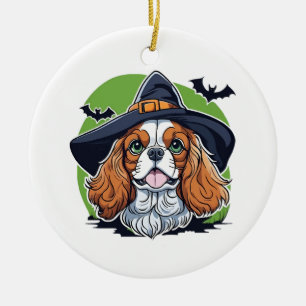 Décoration En Céramique Un chien portant un chapeau de sorcière avec des c