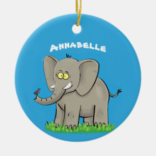 Décoration En Céramique Un joli éléphant drôle avec un oiseau sur le tronc