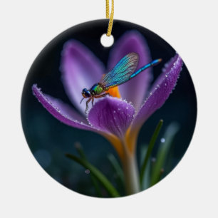 Décoration En Céramique Une libellule sur une fleur de crocus