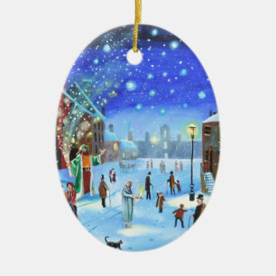 Décoration En Céramique Une scène de rue d'hiver de grippe-sou de chant d