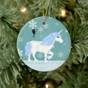 Décoration En Céramique Unicorne et fée bleue et blanche personnalisée
