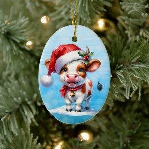 Décoration En Céramique Vache caricaturale à Santa Hat Noël personnalisé