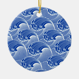 Décoration En Céramique Vagues japonaises vintages, Bleu de Cobalt et Blan
