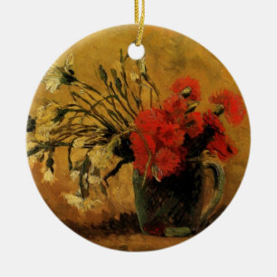 Décoration En Céramique vase avec oeillets rouges et blancs, joyeuses fête