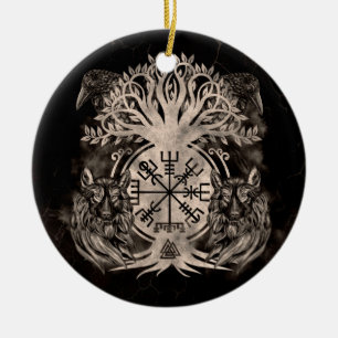 Décoration En Céramique Vegvisir -Yggdrasil Avec Ravens & Wolves