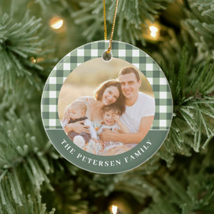 Décoration En Céramique Vert blanc gingham carreaux 2 photo famille Noël