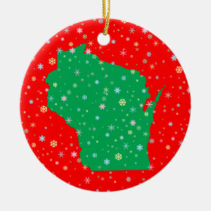Décoration En Céramique Vert de fête sur la carte rouge des flocons de
