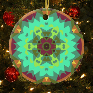 Décoration En Céramique Vert fleur Mandala rétro violet et orange