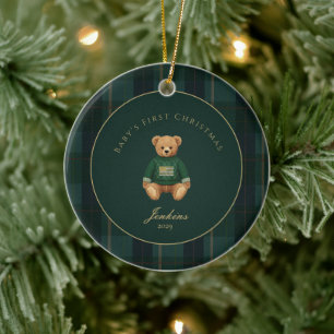 Décoration En Céramique Vert foncé Tartan carreaux bébé premier Noël