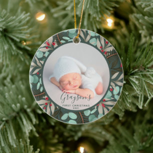 Décoration En Céramique Vert moderne Baby's First Christmas Photo Green